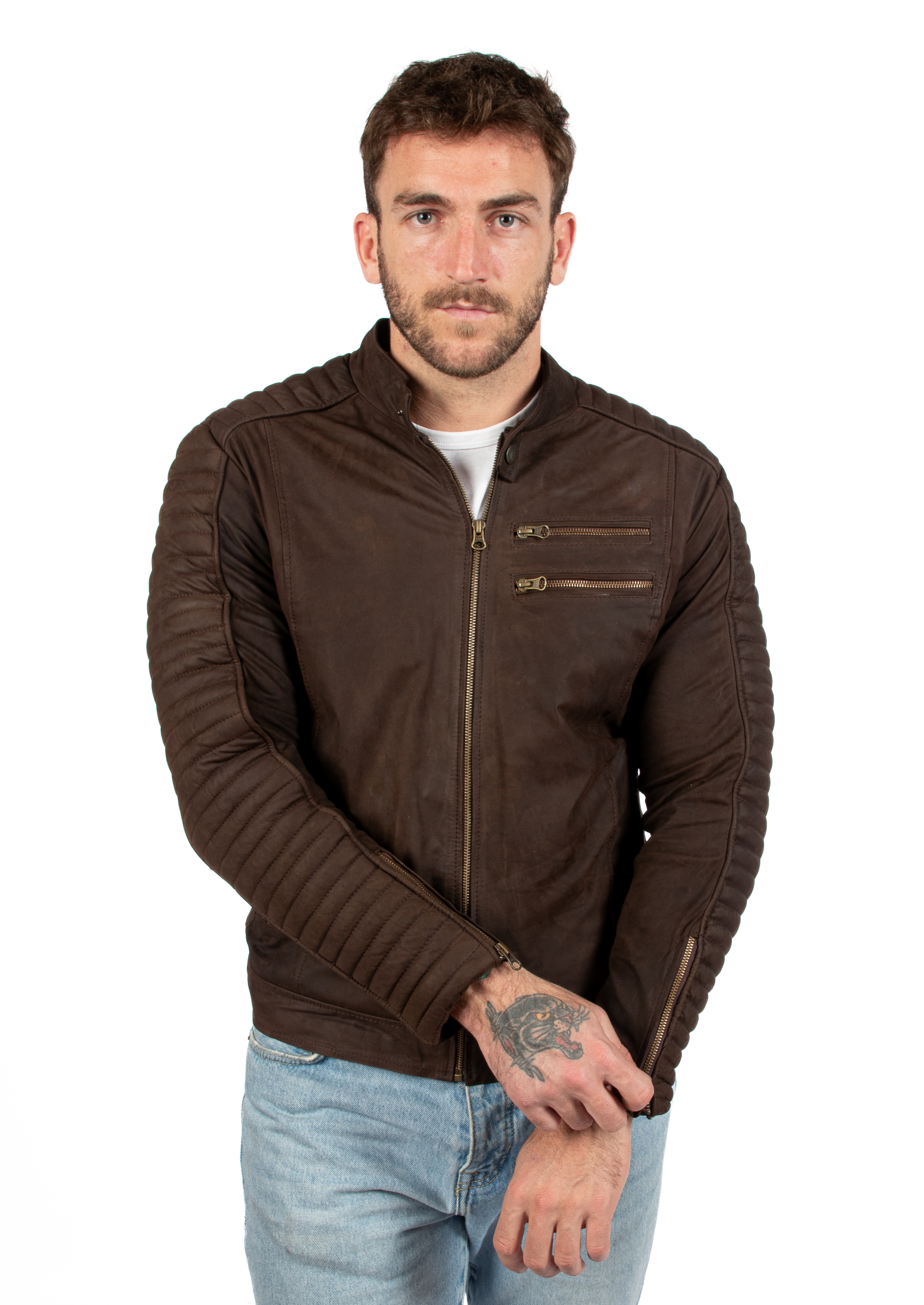 Chaqueta biker deals marron hombre